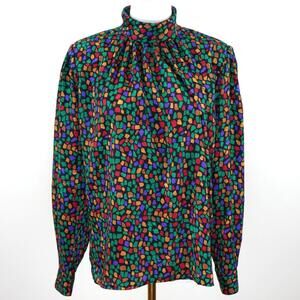 Vintage Jewel Tone Mock Neck Blouse — YSL / Escada Style — 80s Artsy Print Top